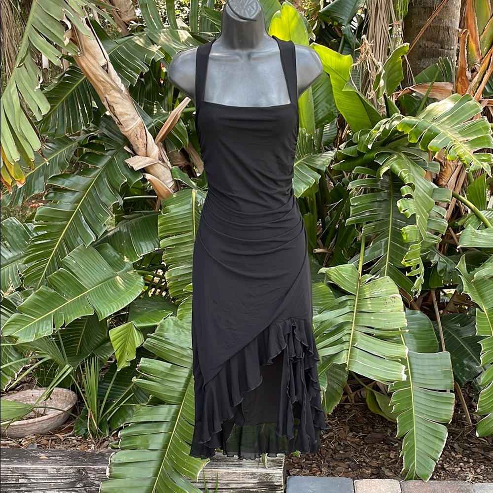 Sheer mesh asymmetric ruffle dress with ruffled hem and fringe - Picture 3 of 9
